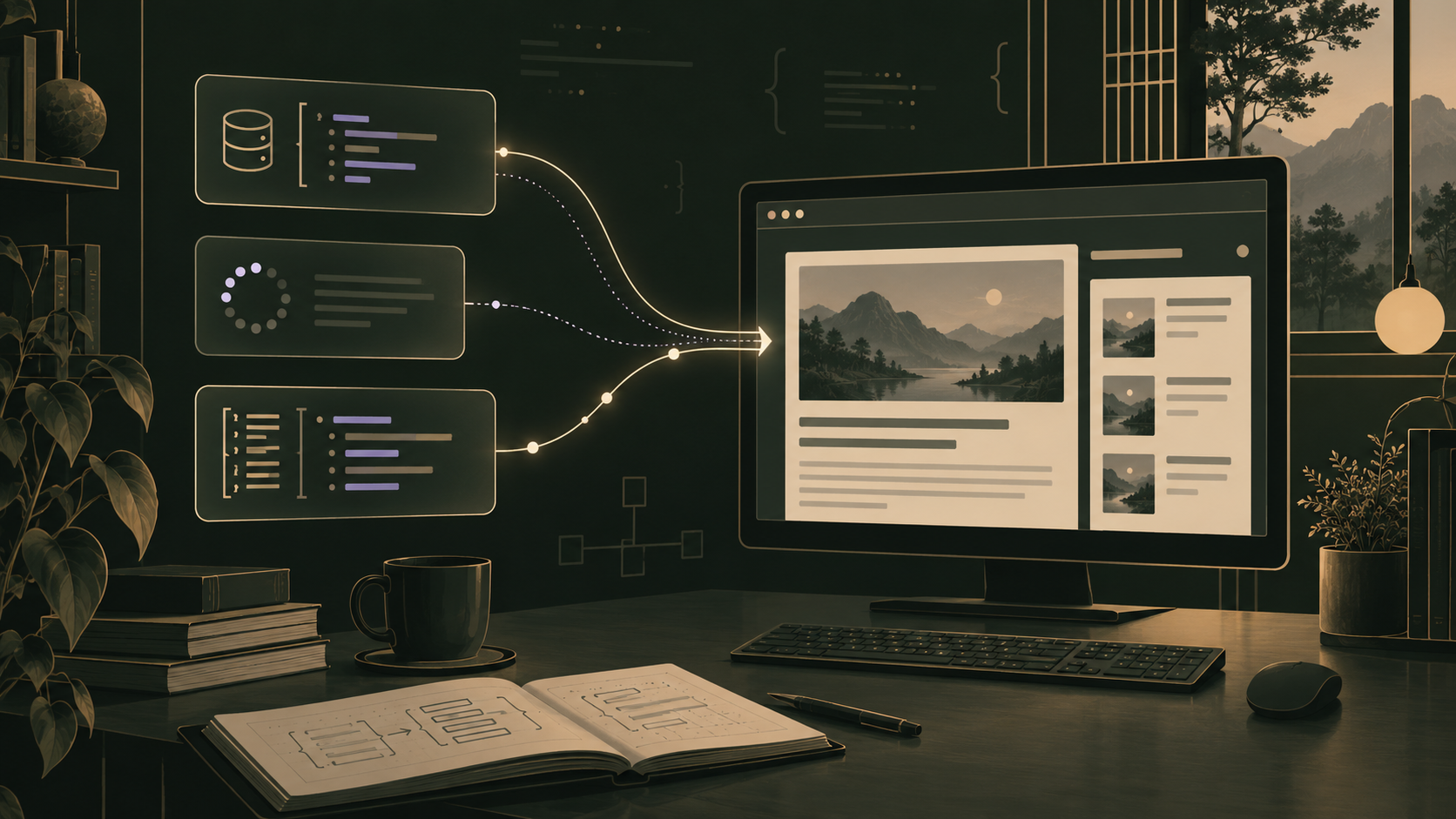 Vue.js 與 WordPress 的網站資料串接示意 深墨綠背景的開發桌面上,資料卡片沿連線流向部落格畫面,其中一張仍在載入,呈現網站資料串接的過程。